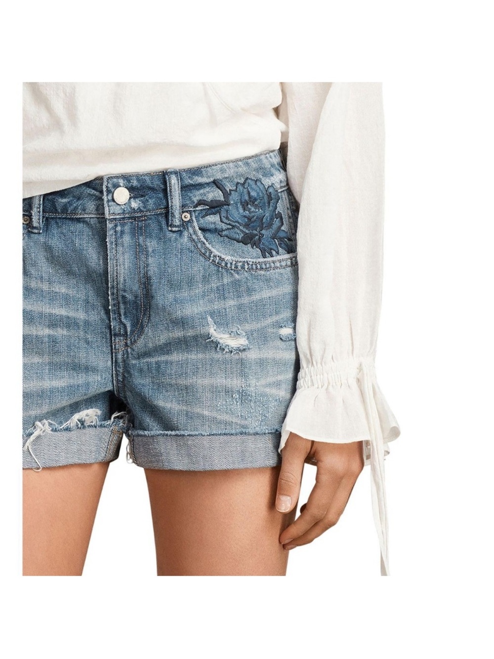 Like New AllSaints Blue Denim Cut Off Shorts w/ Dark Blue Rose Embroidery